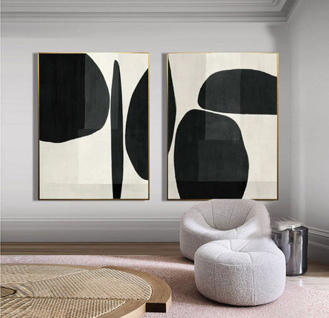 Abstract Geometric Canvas Art Black and White Painting Set of 2 #BWS 001 - Ins artcanvas