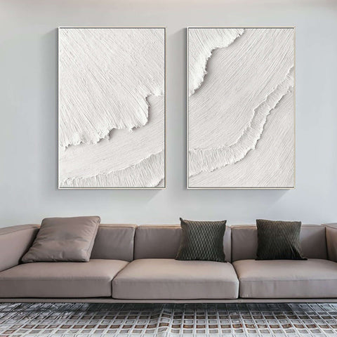 White Plaster 3D Textured Minimalist Abstract Art on Canvas | Handcrafted Monochrome Wall Decor SET OF 2 #CXA 015