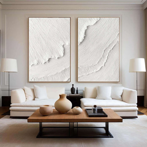 White Plaster 3D Textured Minimalist Abstract Art on Canvas | Handcrafted Monochrome Wall Decor SET OF 2 #CXA 015