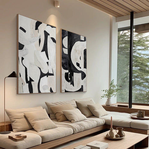 Black & White Abstract Painting SET OF 2 #LL 009 - Ins artcanvas