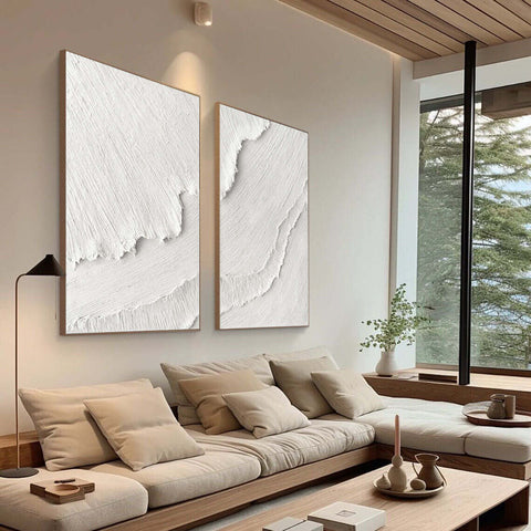 White Plaster 3D Textured Minimalist Abstract Art on Canvas | Handcrafted Monochrome Wall Decor SET OF 2 #CXA 015