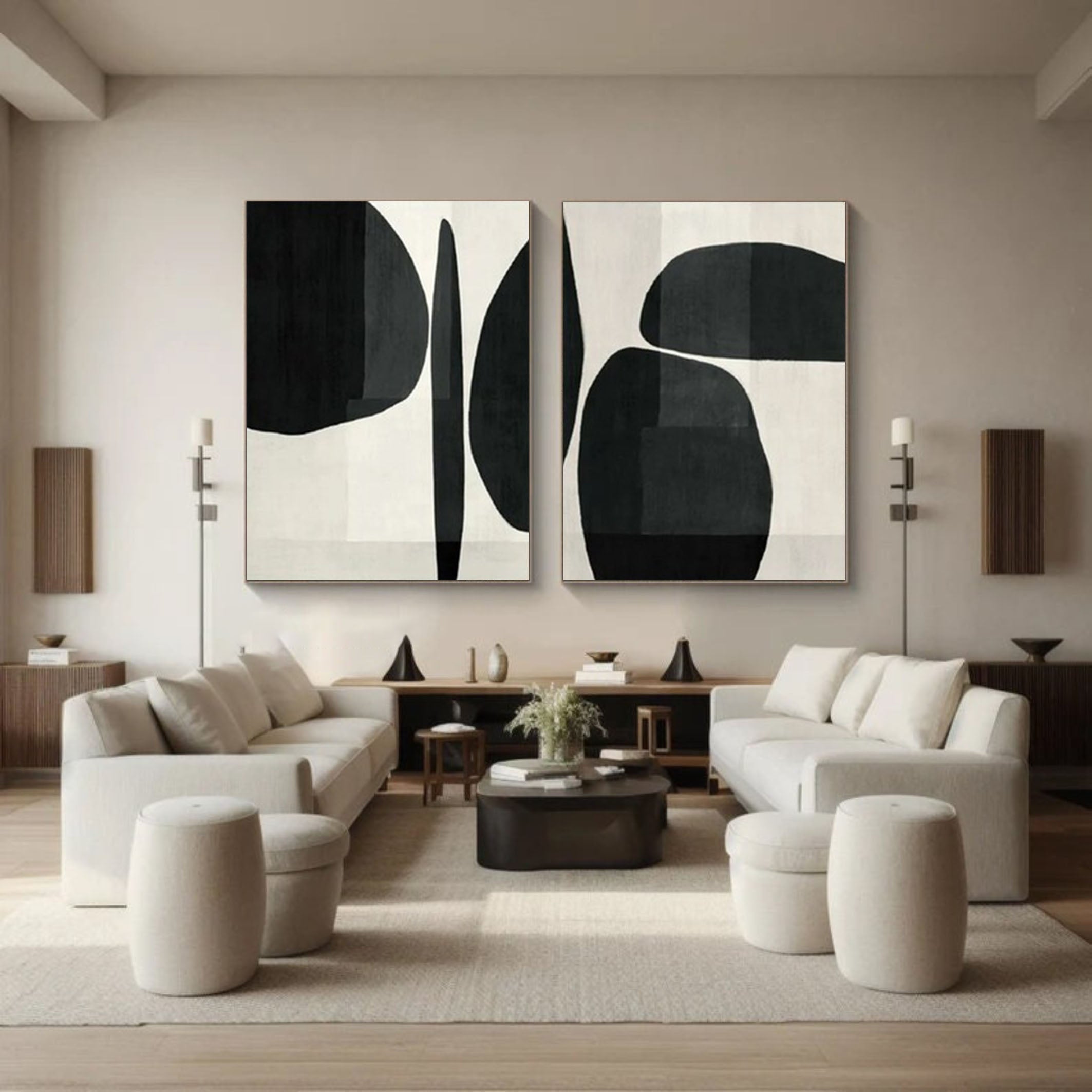 Abstract Geometric Canvas Art Black and White Painting Set of 2 #BWS 001 - Ins artcanvas