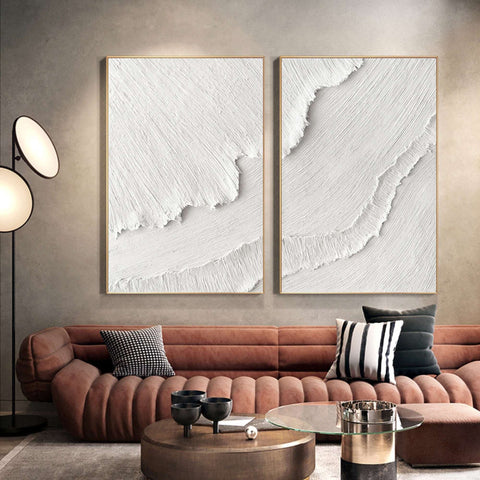 White Plaster 3D Textured Minimalist Abstract Art on Canvas | Handcrafted Monochrome Wall Decor SET OF 2 #CXA 015