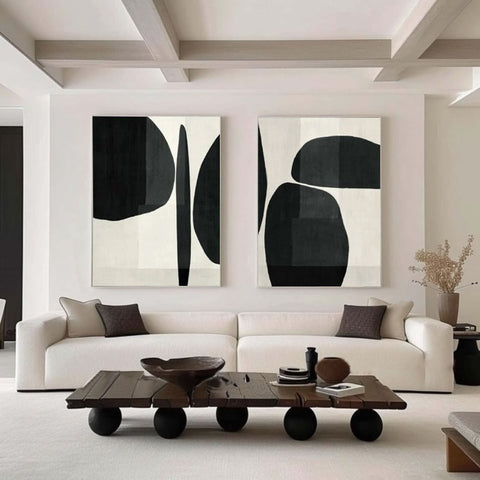 Abstract Geometric Canvas Art Black and White Painting Set of 2 #BWS 001 - Ins artcanvas