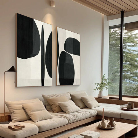 Abstract Geometric Canvas Art Black and White Painting Set of 2 #BWS 001 - Ins artcanvas