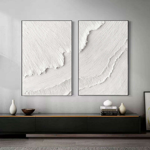 White Plaster 3D Textured Minimalist Abstract Art on Canvas | Handcrafted Monochrome Wall Decor SET OF 2 #CXA 015