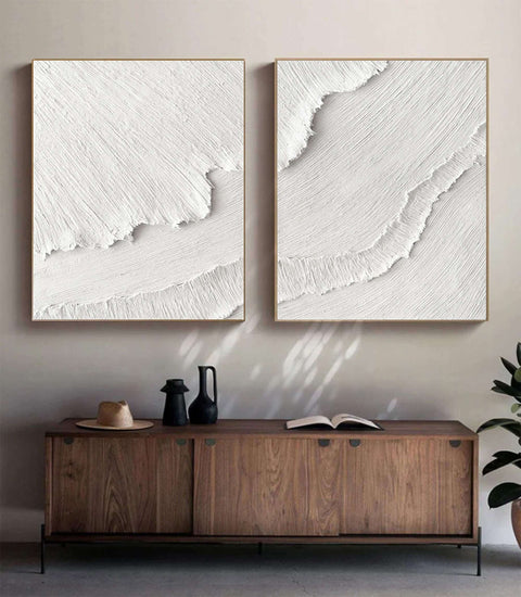 White Plaster 3D Textured Minimalist Abstract Art on Canvas | Handcrafted Monochrome Wall Decor SET OF 2 #CXA 015