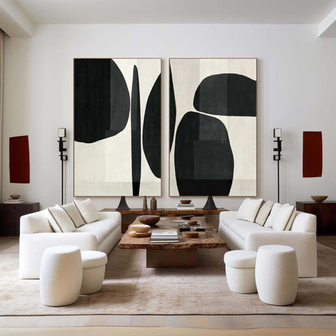 Abstract Geometric Canvas Art Black and White Painting Set of 2 #BWS 001 - Ins artcanvas