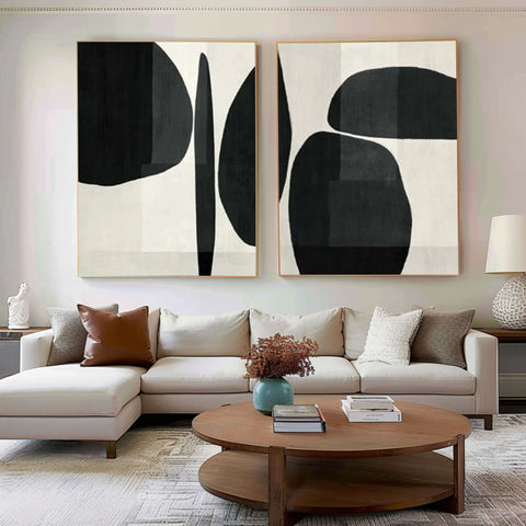 Abstract Geometric Canvas Art Black and White Painting Set of 2 #BWS 001 - Ins artcanvas