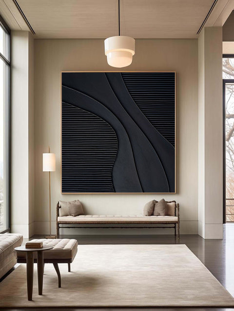 Black Minimalist Abstract Textured Oil Painting for Modern Rooms #BM 012