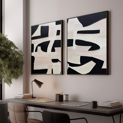 Geometric Symphony Black & White Abstract Canvas Set of 2 #BWA 008