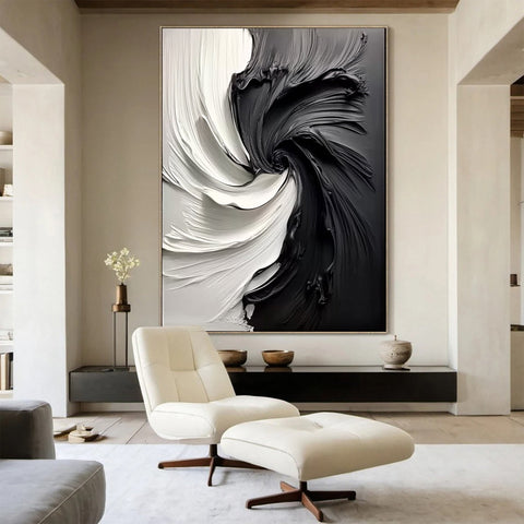 Large Black & White Abstract Textured Canvas Art #BM 092