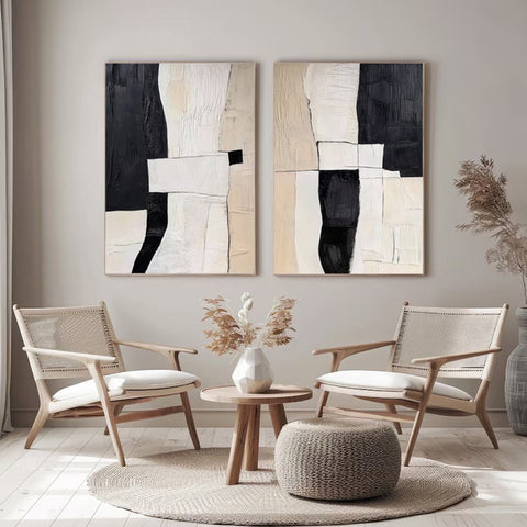 Monochrome Mastery Elegant Black & White Abstract Canvas SET OF 2 #BWA 010